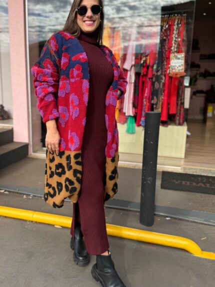 Maxi Casaco Tricot Leopardo Mix