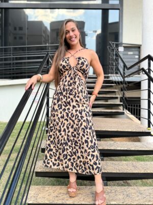 Vestido Midi Decotado Estampado Onça Latte/Preto - Imagem 2