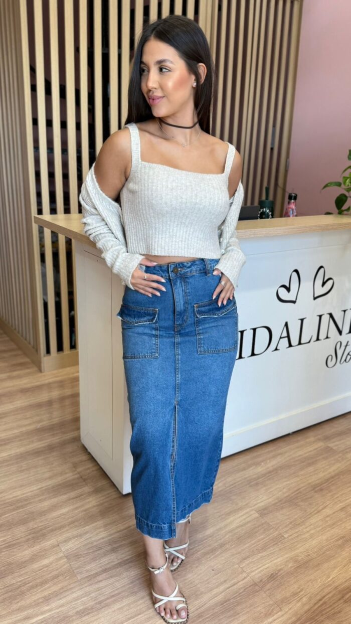 Saia Longa Jeans Coluna Fenda - Imagem 1