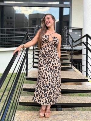 Vestido Midi Decotado Estampado Onça Latte/Preto