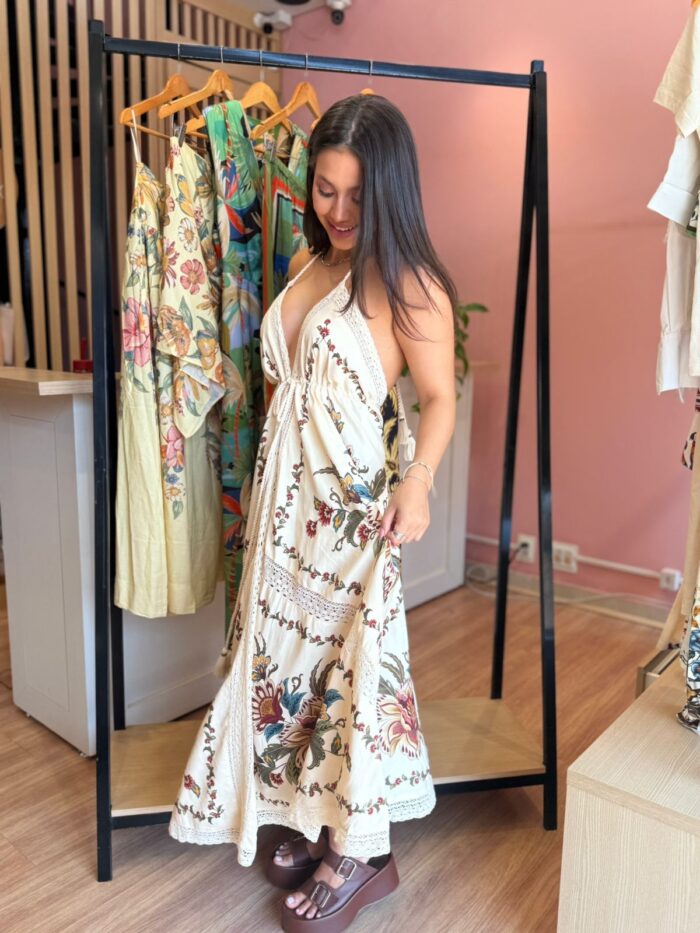 Vestido Lenço Jardim Majestoso Bege FARM - Imagem 1