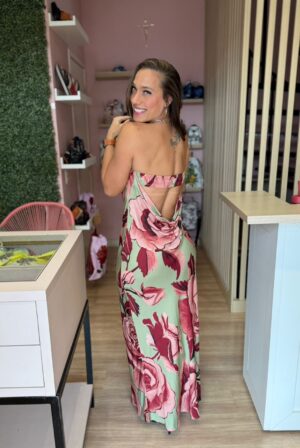 Vestido Longo Sem Alça Rosas Pintadas