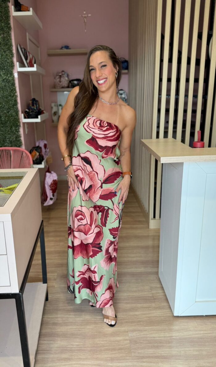 Vestido Longo Sem Alça Rosas Pintadas - Imagem 3